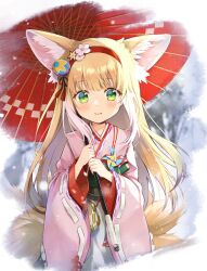 Rule 34 | 1girl, animal ear fluff, animal ears, apron, arknights, artist name, blonde hair, blush, chinese knot, closed mouth, coin purse, commentary request, dated, flower, fox ears, fox girl, fox tail, frilled apron, frills, green eyes, hair flower, hair ornament, hairband, holding, holding umbrella, japanese clothes, kimono, kitsune, kyuubi, long hair, long sleeves, looking at viewer, multicolored hair, multiple tails, nitou akane, obi, official alternate costume, oil-paper umbrella, pink kimono, pinwheel, red hairband, red umbrella, sash, solo, straight-on, suzuran (arknights), suzuran (yukibare) (arknights), tail, tassel, two-tone hair, umbrella, waist apron, white apron, white hair, wide sleeves, yagasuri