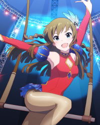 Rule 34 | 10s, 1girl, :d, armpits, arms up, artist request, blue eyes, brown hair, circus, cleavage cutout, clothing cutout, detached sleeves, female focus, idolmaster, idolmaster million live!, indoors, kousaka umi, leotard, long hair, looking at viewer, o/, official art, open mouth, outstretched arms, pantyhose, see-through, see-through legwear, smile, solo, trapeze (object)