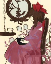 Rule 34 | 1girl, book on lap, brown hair, chain, chair, character request, check character, closed eyes, collared dress, commentary request, cup, detached sleeves, dress, hair ribbon, hakurei reimu, highres, kaigen 1025, no nose, on chair, pink dress, pink sleeves, red ribbon, ribbon, short hair with long locks, sitting, sleeveless, sleeveless dress, teacup, touhou