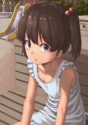 Rule 34 | 1girl, apron, bench, blue eyes, brown hair, child, collarbone, dress, flat chest, fountain, hair bobbles, hair ornament, looking at viewer, naked apron, outdoors, park, ranma (kamenrideroz), short twintails, sitting, sleeveless, slide, solo, twintails