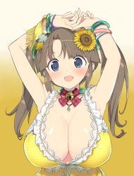 Rule 34 | 1girl, arms up, bell, bracelet, breasts, fang, flower, gradient background, hair flower, hair ornament, highres, jewelry, jingle bell, large breasts, minori (senran kagura), neck bell, open mouth, senran kagura, simple background, solo, sunflower, sunflower hair ornament, third-party source, twintails, yaegashi nan