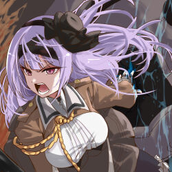 Rule 34 | 1girl, angry, arm at side, assault lily, black bow, black hairband, black pantyhose, black ribbon, blood, blue blood, blunt bangs, bow, breasts, bridal garter, brown jacket, brown skirt, commentary request, cowboy shot, cropped jacket, fang, fiery background, fire, floating hair, gloves, grey background, grey gloves, hair ribbon, hairband, hand up, hat, hat bow, high-waist skirt, highres, jacket, large breasts, long hair, long sleeves, looking away, mini hat, mini top hat, monster, open mouth, outstretched arm, pantyhose, pink eyes, purple hair, ribbon, school uniform, shirt, skirt, solo, standing, tilted headwear, top hat, tsuzuki hisui, urutsu sahari, v-shaped eyebrows, wavy hair, weapon, white shirt, wide sleeves