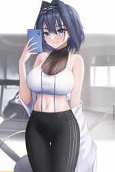 Rule 34 | 1girl, absurdres, black pants, blue hair, blurry, blurry background, blush, bow, bow earrings, breasts, cellphone, chain, chain headband, earrings, grin, gym, hair intakes, hairband, head chain, high-waist pants, highres, holding, holding phone, hololive, hololive english, indoors, jewelry, large breasts, looking at phone, midriff, mofu07519, navel, neck ribbon, ouro kronii, pants, phone, ribbon, short hair, sleeveless, smartphone, smile, solo, sports bra, standing, teeth, thigh gap, turtleneck, virtual youtuber, yoga pants
