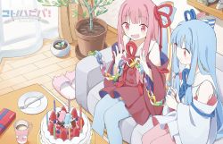 Rule 34 | 2girls, birthday cake, blue dress, blue hair, blue ribbon, blue thighhighs, cake, candle, chain, character name, choudoniku, collar, collared dress, commentary, couch, cup, curtains, dated, dress, food, fork, fruit, hair ribbon, happy birthday, highres, holding, holding chain, indoors, kotonoha akane, kotonoha aoi, light blue hair, long hair, miniature, multiple girls, open mouth, paper chain, pink eyes, pink hair, pink legwear, plant, plate, potted plant, red dress, red ribbon, ribbon, sailor collar, shelf, siblings, sidelocks, sisters, sitting, slippers, smile, strawberry, thighhighs, toy, very long hair, voiceroid, white collar, window, wooden floor