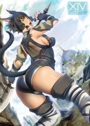 Rule 34 | 10s, 1girl, animal ears, ass, black hair, boots, breasts, cat ears, cat tail, elbow gloves, final fantasy, final fantasy xiv, fingerless gloves, gloves, hazuki (hazu chaya), large breasts, miqo&#039;te, short hair, sideboob, solo, tail, thigh boots, thighhighs, weapon