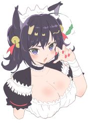 Rule 34 | 1girl, absurdres, animal ears, bad id, bad twitter id, bell, black choker, black dress, blush, breasts, cat ears, cat teaser, choker, claw pose, cleavage, copyright request, cropped arms, donguri suzume, dress, fang, fingernails, hair bell, hair ornament, hand up, highres, jingle bell, large breasts, looking at viewer, maid headdress, mole, mole on breast, nail polish, open mouth, puffy short sleeves, puffy sleeves, purple eyes, purple hair, red nails, short sleeves, simple background, skin fang, solo, twintails, upper body, white background