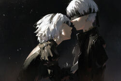 Rule 34 | 1boy, 1girl, back cutout, black background, black blindfold, black coat, black hairband, blindfold, clothing cutout, coat, covered eyes, crying, dino (dinoartforame), feather-trimmed sleeves, feather trim, from side, gloves, grey hair, hairband, hand on another&#039;s chest, highres, juliet sleeves, long sleeves, nier (series), nier:automata, puffy sleeves, streaming tears, tears, 2b (nier:automata), 9s (nier:automata)