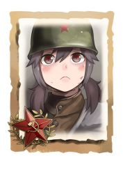 Rule 34 | 1girl, brown hair, closed mouth, company of heroes, dirty, dirty face, hair between eyes, hat, helmet, medium hair, military, military hat, military uniform, original, portrait, red eyes, solo, soviet, soviet army, twintails, uniform, world war ii, zhainan s-jun