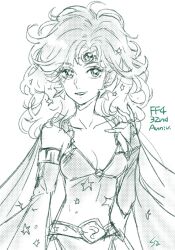 Rule 34 | 1girl, aged up, breasts, commentary, detached sleeves, dress, earrings, final fantasy, final fantasy iv, greyscale, hair ornament, jewelry, long hair, looking at viewer, medium breasts, monochrome, rydia (ff4), sa kichi, simple background, smile, solo, star (symbol), star earrings, white background