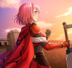 Rule 34 | 1girl, armor, braid, breastplate, cape, cloak, closed mouth, fire emblem, fire emblem engage, gloves, grey hairband, hair ribbon, hairband, holding, holding sword, holding weapon, hood, hooded cloak, lapis (fire emblem), long sleeves, nintendo, pink eyes, pink hair, red armor, red cape, red hairband, ribbon, shinkanoshin, short hair, shoulder armor, side braid, skirt, solo, sword, two-tone hairband, weapon, white ribbon