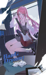 Rule 34 | 1girl, absurdres, bang dream!, bang dream! it&#039;s mygo!!!!!, black footwear, cellphone, chihaya anon, commentary, copyright name, couch, curtains, dress, earrings, electric guitar, english text, full body, grey dress, grey eyes, guitar, hands up, heart, heart earrings, heart necklace, highres, indoors, instrument, jewelry, lamp, long hair, long sleeves, marurodo, mary janes, necklace, open mouth, phone, pinafore dress, pink hair, plaid, plaid dress, plectrum, shirt, shoes, sleeveless, sleeveless dress, smartphone, smile, socks, solo, very long hair, white shirt, white socks, window