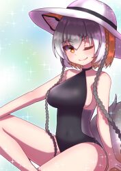 Rule 34 | 1girl, absurdres, animal ear fluff, animal ears, black one-piece swimsuit, breasts, fox ears, fox girl, fox tail, grey hair, highres, hikarikmy, island fox (kemono friends), kemono friends, kemono friends v project, large breasts, long hair, looking at viewer, multicolored hair, one-piece swimsuit, one eye closed, orange eyes, orange hair, smile, solo, swimsuit, tail, twintails, virtual youtuber