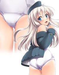 Rule 34 | 10s, 1girl, :d, absurdres, black jacket, blonde hair, blue eyes, blush, garrison cap, hair between eyes, hat, highres, jacket, kantai collection, long hair, long sleeves, multiple views, one-piece swimsuit, one-piece tan, open mouth, school swimsuit, simple background, smile, swimsuit, swimsuit under clothes, tan, tanline, toranoo, u-511 (kancolle), white background, white one-piece swimsuit, white school swimsuit