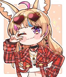 Rule 34 | 1girl, ahoge, animal ear fluff, animal ears, black choker, black hair, blonde hair, blue hair, blush stickers, border, choker, closed mouth, commentary, cropped jacket, cropped shirt, earrings, english commentary, eyewear on head, fox ears, fox girl, glasses, hand up, heart, heart-shaped eyewear, heart-shaped pupils, heart choker, highres, hololive, hoop earrings, jacket, jewelry, kukie-nyan, long hair, long sleeves, looking at viewer, midriff, multicolored hair, multiple necklaces, navel, official alternate costume, official alternate hairstyle, omaru polka, omaru polka (5th costume), one eye closed, opaque glasses, open clothes, open jacket, orange background, outline, outside border, pink hair, plaid, plaid jacket, purple eyes, red-tinted eyewear, red jacket, shirt, simple background, smile, solo, streaked hair, sunglasses, symbol-shaped pupils, t-shirt, tinted eyewear, upper body, v, v over eye, virtual youtuber, white border, white outline, white shirt