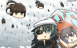 Rule 34 | !?, 6+girls, black skirt, blizzard, brown eyes, brown gloves, brown hair, cape, clone, commentary, dated, eyepatch, falling, frozen, fubuki (kancolle), gloves, green eyes, green hair, hair between eyes, hamu koutarou, hat, highres, ise (kancolle), kantai collection, kiso (kancolle), lobster, lobster costume, multiple girls, name connection, object namesake, remodel (kantai collection), sailor hat, short hair, short sleeves, skirt, too literal, white hat