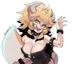 Rule 34 | 1girl, armlet, bare shoulders, black collar, black leotard, black nails, blue eyes, bowsette, bracelet, breasts, collar, commentary, crown, english commentary, fingernails, gem, grin, jewelry, large breasts, leotard, long hair, mario (series), mini crown, nail polish, new super mario bros. u deluxe, nintendo, ponytail, sharp fingernails, sho-n-d, smile, solo, spiked armlet, spiked bracelet, spiked collar, spikes, strapless, strapless leotard, super crown, tail, thick eyebrows, turtle shell