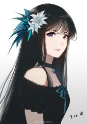 Rule 34 | 1girl, aqua flower, aqua ribbon, arm at side, artist name, bare shoulders, black choker, caidychen, choker, commentary request, dated, flower, from side, gem, gradient background, grey background, hair flower, hair ornament, highres, jewelry, long hair, looking at viewer, neck ribbon, off-shoulder shirt, off shoulder, original, pendant, profile, purple eyes, red lips, ribbon, shirt, short sleeves, simple background, solo, upper body, very long hair, white background, white flower
