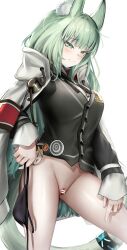 Rule 34 | 1girl, absurdres, animal ear fluff, animal ears, arknights, bad id, bad pixiv id, bag charm, bar censor, bottomless, cape, cardigan, cat ears, cat girl, cat tail, censored, charm (object), cleft of venus, green eyes, green hair, grey cardigan, harmonie (arknights), highres, holding, holding clothes, holding panties, holding underwear, infection monitor (arknights), neck ribbon, nopetroto, panties, unworn panties, pussy, ribbon, smile, string panties, tail, tail ornament, tail ring, underwear, white background, white cape