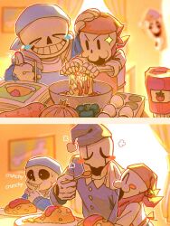 Rule 34 | 3boys, apron, blue apron, blue jacket, blue pajamas, blush, brothers, closed eyes, cooking, eating, father and son, hat, holding, holding spoon, jacket, korokor59513559, looking at another, male focus, multiple boys, pajamas, papyrus (undertale), plate, red apron, red scarf, sans, scarf, siblings, skeleton, smile, spoon, teeth, undertale, w.d. gaster