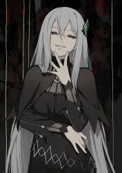 Rule 34 | 1girl, bad id, bad twitter id, black capelet, black dress, breasts, bug, butterfly, butterfly hair ornament, capelet, commentary request, dress, echidna (re:zero), evil smile, grey hair, grin, hair between eyes, hair ornament, half-closed eyes, hand up, head tilt, highres, insect, iwamushi, long hair, long sleeves, looking at viewer, medium breasts, parted lips, patterned background, purple eyes, re:zero kara hajimeru isekai seikatsu, revision, smile, solo, spread fingers, standing, striped, striped sleeves