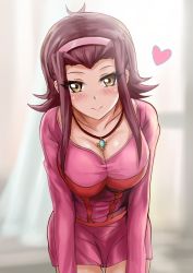Rule 34 | 1girl, blurry, blurry background, blush, breasts, cleavage, closed mouth, collarbone, dress, hair intakes, hairband, izayoi aki, jewelry, large breasts, leaning forward, long hair, long sleeves, looking at viewer, necklace, pink dress, pink hairband, print dress, r-binon, red hair, short dress, sketch, smile, solo, standing, thigh gap, yellow eyes, yu-gi-oh!, yu-gi-oh! 5d&#039;s