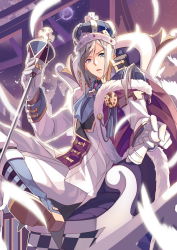 Rule 34 | 1boy, blonde hair, blue eyes, boots, cape, chess piece, crown, feathers, crossed legs, looking at viewer, male focus, open mouth, pawn (chess), selenoring, short hair, sitting, solo, souseiki aster gate, wand