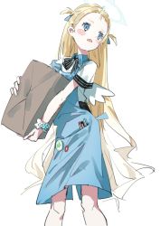 Rule 34 | 1girl, absurdres, angel wings, apron, bag, black bow, black bowtie, blonde hair, blue apron, blue archive, blue bow, blue eyes, blush, bow, bowtie, commentary, cottone (highjethoo), d:, english commentary, hair bow, halo, highres, holding, holding bag, long hair, marker, open mouth, paper bag, scrunchie, shirt, short sleeves, simple background, solo, sora (blue archive), two side up, very long hair, white background, white scrunchie, white shirt, white wings, wings, wrist scrunchie
