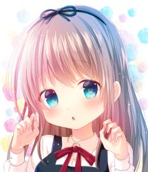 Rule 34 | 1girl, bad id, bad pixiv id, black ribbon, blue eyes, blush, chestnut mouth, child, collared shirt, commentary request, dress shirt, hair ribbon, hands up, light brown hair, long hair, long sleeves, looking at viewer, mikage (miku39396918), neck ribbon, open mouth, original, red ribbon, ribbon, shirt, solo, upper body, white shirt