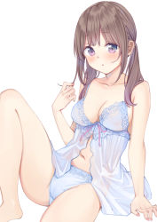 Rule 34 | 1girl, arm support, ass, babydoll, bare arms, bare shoulders, barefoot, blue panties, blush, breasts, brown hair, cleavage, collarbone, crotch seam, hand up, highres, knee up, lingerie, long hair, looking at viewer, maigoyaki, medium breasts, navel, original, panties, purple eyes, sidelocks, simple background, solo, stomach, thighs, twintails, underwear, underwear only, white background