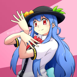 Rule 34 | 1girl, back bow, black hat, blue eyes, bow, bowtie, hat, hinanawi tenshi, long hair, peach hat ornament, pink background, rakkidei, red eyes, sidelocks, smile, solo, touhou, twitter username