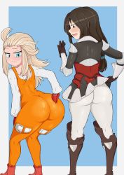 Rule 34 | 2girls, absurdres, aqua eyes, armor, armored dress, ass, ass focus, blonde hair, blush, bodysuit, bow, bravely default: flying fairy, bravely default (series), brown eyes, brown hair, company connection, cosplay, costume switch, crossover, edea lee, edea lee (cosplay), embarrassed, final fantasy, final fantasy ix, from behind, garnet til alexandros xvii, garnet til alexandros xvii (cosplay), gloves, hair bow, highres, huge ass, long hair, looking at viewer, looking back, multiple girls, open mouth, pantyhose, shiny clothes, skin tight, thick thighs, thighs, trolltoll, wavy mouth