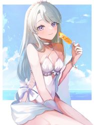 Rule 34 | 1girl, beach, blue sky, breasts, cleavage, cloud, day, flower, food, grey hair, hair flower, hair ornament, highres, horizon, kantai collection, long hair, looking at viewer, o-ring, ocean, official alternate costume, one-piece swimsuit, outdoors, popsicle, purple eyes, ranran 3939, revision, sagiri (kancolle), simple background, sky, small breasts, solo, swimsuit