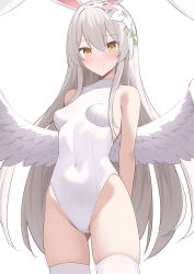 Rule 34 | 1girl, absurdres, angel wings, animal ears, arms behind back, bare arms, blonde hair, blue archive, blush, breasts, breasts apart, closed mouth, commentary request, covered navel, cowboy shot, fake animal ears, feathered wings, flower, hair between eyes, hair flower, hair ornament, highres, leotard, long hair, looking at viewer, medium breasts, nagisa (blue archive), pemoyashi (tianoblue), playboy bunny, rabbit ears, sidelocks, simple background, smile, solo, standing, thigh gap, thighhighs, thighs, very long hair, white background, white leotard, white thighhighs, white wings, wings, yellow eyes