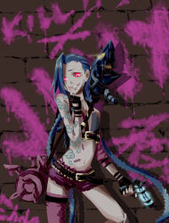 Rule 34 | 1girl, absurdres, blue hair, braid, creepy, female focus, gloves, hairline, highres, jinx (league of legends), league of legends, long hair, pink eyes, shorts, solo, tattoo, twin braids, weapon