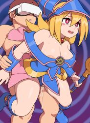 Rule 34 | 1boy, 1girl, areola slip, arm grab, arms at sides, bare shoulders, blonde hair, blue bracelet, blue dress, blue footwear, blue hat, blue panties, boots, bracelet, breasts, cleavage, clothing aside, collar, cum, cum in pussy, cum overflow, dark magician girl, dress, duel monster, eyebrows, full body, hat, head-mounted display, hetero, holding, holding staff, jewelry, kabeume, large breasts, long hair, looking afar, mind control, off-shoulder dress, off shoulder, open mouth, panties, panties aside, pink dress, pink eyes, pink hat, sex, sex from behind, smile, solo focus, staff, teeth, thighs, two-tone dress, two-tone hat, underwear, upper teeth only, vaginal, yellow collar, yu-gi-oh!, yu-gi-oh! duel monsters