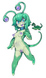 Rule 34 | 1girl, :d, alien, aqua eyes, breasts, collar, colored nipples, colored skin, colored tongue, extra eyes, fang, fewer digits, full body, green hair, green skin, green tail, hair between eyes, highres, leg up, looking at viewer, medium breasts, monster girl, navel, nipples, no feet, nude, nyong nyong, open mouth, personification, pink pupils, purple nipples, purple pussy, purple tongue, pussy, reference inset, scutlix, shiny skin, short hair, simple background, skin fang, smile, solo, tail, terraria, tongue, tongue out, uncensored, white background
