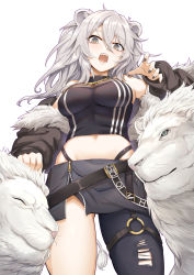 Rule 34 | 1girl, animal ears, black nails, black pantyhose, black shirt, black skirt, breasts, cleavage, crop top, grey eyes, grey hair, hair between eyes, highres, hololive, large breasts, lion, lion ears, lion girl, lion tail, long hair, long sleeves, midriff, nail polish, open mouth, pantyhose, see-through, see-through cleavage, shirt, shishiro botan, shishiro botan (1st costume), simple background, single leg pantyhose, skirt, sleeveless, sleeveless shirt, solo, tail, torn clothes, torn pantyhose, virtual youtuber, white background, yougenko