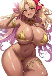 Rule 34 | 1girl, absurdres, alternate breast size, armlet, bare shoulders, bikini, blonde hair, bracelet, breasts, collarbone, commentary, dark-skinned female, dark skin, earrings, ereshkigal (fate), fate (series), floating hair, foreshortening, gem, gradient hair, hair ribbon, hand on own chest, highleg, highleg bikini, highres, huge breasts, jasony, jewelry, long hair, looking at viewer, multicolored hair, nail polish, navel, o-ring, o-ring bikini, open mouth, paid reward available, parted bangs, pink hair, pink nails, red eyes, red gemstone, red ribbon, ribbon, simple background, smile, solo, sweat, swimsuit, teeth, thick thighs, thighlet, thighs, underboob, upper teeth only, very long hair, wide hips