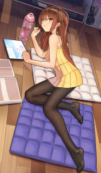 Rule 34 | 1girl, absurdres, bare shoulders, book, bottle, brown hair, dress, fingernails, headphones, highres, indoors, long hair, looking at viewer, lying, no shoes, open book, open mouth, original, pantyhose, playing with own hair, reflection, reflective floor, solo, tablet pc, television, water, water bottle, wooden floor, yellow dress, yellow eyes, yewang19
