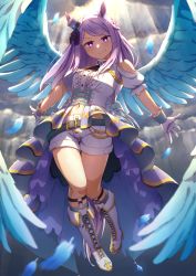 Rule 34 | 1girl, absurdres, angel wings, animal ears, arms behind back, bare shoulders, belt, blue wings, blurry, blurry foreground, boots, braid, breasts, buttons, closed mouth, cloud, commentary, cross-laced clothes, cross-laced footwear, dress, eyelashes, feathered wings, feathers, frilled dress, frills, full body, gem, gloves, gold trim, hat, highres, horse ears, horse girl, knee boots, knees together feet apart, long hair, looking at viewer, mejiro mcqueen (end of sky) (umamusume), mejiro mcqueen (umamusume), midriff, mini hat, navel, parted bangs, pink eyes, purple hair, shaded face, short sleeves, shorts, sky, smile, socks, solo, split mouth, thigh gap, thighs, umamusume, v-shaped eyebrows, white gloves, white shorts, wings, yaaben