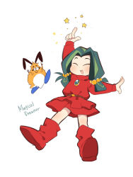 Rule 34 | 1girl, :d, ^ ^, arm up, bad id, bad pixiv id, blush, boots, closed eyes, creature, dress, english text, closed eyes, full body, green hair, index finger raised, long hair, long sleeves, open mouth, puffy long sleeves, puffy sleeves, red dress, red footwear, simple background, smile, star (symbol), timon (yadamon), uccow, white background, yadamon, yadamon (character)