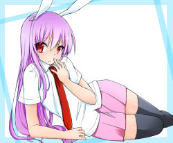 Rule 34 | 1girl, animal ears, arm support, black thighhighs, dress shirt, hand on own face, long hair, looking at viewer, lying, necktie, on floor, on side, pleated skirt, purple hair, rabbit ears, red eyes, red necktie, reisen udongein inaba, shirt, short sleeves, skirt, smile, solo, thighhighs, touhou, white shirt, yukina (masyumaro610)