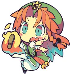 Rule 34 | 1girl, bell, black bow, blush, bow, braid, chibi, chinese clothes, fangs, fire, flying kick, green headwear, green shirt, hat ornament, hong meiling, jingle bell, kicking, long hair, morino hon, open mouth, pants, puffy short sleeves, puffy sleeves, red hair, shirt, shoes, short sleeves, single braid, solo, star (symbol), star hat ornament, touhou, white pants, white shirt
