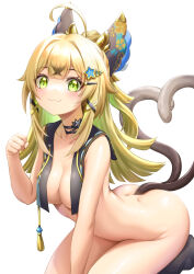 Rule 34 | 1girl, :3, ahoge, animal ears, ass, bent over, black choker, blonde hair, blush, breasts, cat ears, cat tail, choker, commentary request, genshin impact, green eyes, hair ornament, hairclip, hand up, heart, heart tail, highres, kirara (genshin impact), long hair, looking at viewer, medium breasts, multiple tails, nude, royboy, simple background, sitting, smile, solo, tail, thighs, two tails, very long hair, white background
