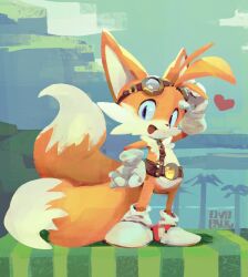 Rule 34 | 1boy, animal ears, artist name, belt, blue eyes, body fur, day, fox boy, fox ears, fox tail, from side, furry, furry male, gloves, goggles, goggles on head, hand on headwear, hand on own hip, hand up, heart, highres, male focus, multiple tails, murayama ryota, open mouth, orange fur, outdoors, shoes, shoulder belt, solo, sonic (series), standing, tail, tails (sonic), two tails, white footwear, white gloves