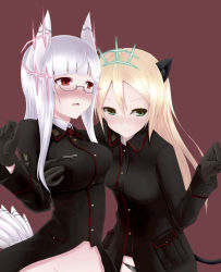 Rule 34 | 2girls, animal ears, bad id, bad pixiv id, black panties, blonde hair, blush, brown background, gloves, grabbing, grabbing another&#039;s breast, green eyes, heidimarie w. schnaufer, heinrike prinzessin zu sayn-wittgenstein, hirschgeweih antennas, military, military uniform, multiple girls, no panties, no pants, noble witches, out-of-frame censoring, panties, red eyes, shintani kyou, simple background, strike witches, tail, underwear, uniform, white hair, world witches series, yuri