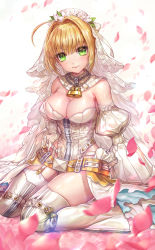Rule 34 | 10s, 1girl, ahoge, bare shoulders, belt, blonde hair, blush, box (hotpppink), breasts, cleavage, detached sleeves, fate/extra, fate/extra ccc, fate (series), garter straps, green eyes, hair intakes, highres, leotard, looking at viewer, medium breasts, nero claudius (bride) (fate), nero claudius (bride) (second ascension) (fate), nero claudius (fate), nero claudius (fate) (all), sitting, smile, solo, thighhighs, veil, wariza, white thighhighs