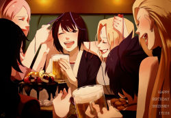 Rule 34 | 6+girls, alcohol, arm up, arms up, bad id, bad pixiv id, bare shoulders, beer, beer mug, birthday, birthday party, black eyes, black hair, black kimono, blonde hair, blush, breasts, cake, cherry, closed eyes, commentary request, confetti, couch, cup, dated, drinking glass, drunk, earrings, english text, eyebrows, facial mark, fishnets, folded ponytail, food, forehead mark, fruit, grey kimono, haruno sakura, high ponytail, highres, holding, holding cup, indoors, japanese clothes, jewelry, kimono, lipstick, long hair, makeup, mature female, may c (lovemeiko), medium breasts, mitarashi anko, mug, multiple girls, naruto, naruto (series), naruto shippuuden, one eye closed, open mouth, parted bangs, party popper, pink hair, profile, purple hair, raised eyebrows, red lips, shizune (naruto), short hair, signature, smile, strawberry, teeth, tsunade (naruto), upper body, upper teeth only, yamanaka ino, yuuhi kurenai
