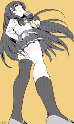 Rule 34 | 10s, 1girl, artist name, ass, asymmetrical legwear, bad id, bad perspective, bad twitter id, black hair, black skirt, from below, frown, gloves, hair ribbon, hand on own head, hand on own hip, highres, isokaze (kancolle), kantai collection, long hair, miniskirt, pleated skirt, red eyes, red ribbon, ribbon, school uniform, serafuku, simple background, single thighhigh, skirt, solo, standing, sunao (metenos), sunao (souis), thighhighs, uneven legwear, white gloves, yellow background