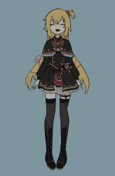 Rule 34 | 1girl, akai haato, akai haato (gothic lolita), blonde hair, boots, bow, bowtie, cameo, closed eyes, commentary, dark, gothic lolita, grey background, haaton (akai haato), hair ornament, hair ribbon, heart, heart hair ornament, highres, himuhino, hololive, jewelry, lolita fashion, open mouth, ribbon, simple background, smile, standing, stitched neck, stitches, thigh strap, thighhighs, virtual youtuber, zettai ryouiki